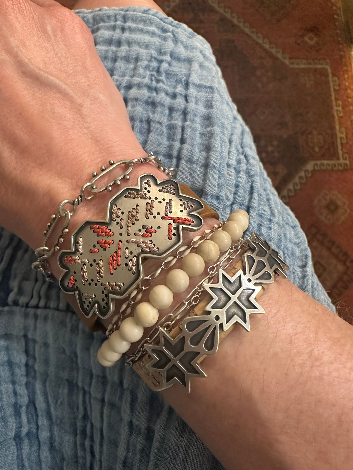 Fair Isle Bracelet // Silver, Silk + Leather